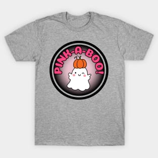 Cute Pink-a-Boo Halloween ghost wearing pumpkin gender T-Shirt